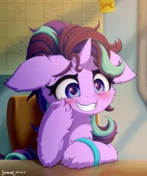 Size: 2000x2400 | Tagged: safe, artist:symbianl, derpibooru import, starlight glimmer, pony, unicorn, student counsel, blushing, bracelet, cheek fluff, chest fluff, ear fluff, floppy ears, fluffy, grin, hoof fluff, image, jewelry, leg fluff, png, smiling, solo, stressed