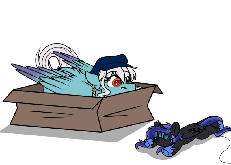 Size: 1152x821 | Tagged: safe, artist:rokosmith26, derpibooru import, part of a set, nightmare moon, oc, oc:ice, unofficial characters only, pegasus, pony, bait, behaving like a cat, box, butt fluff, cheek fluff, commission, ear piercing, earring, eyes on the prize, female, floppy ears, fluffy, hat, if i fits i sits, image, imminent pounce, jewelry, looking at something, lying down, mare, part of a series, piercing, plushie, png, pony in a box, roko's hunting ponies, simple background, solo, string, tail, toy, transparent background, wings, ych result