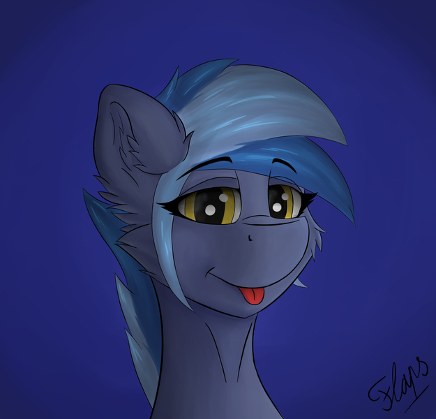 Size: 2009x1929 | Tagged: safe, artist:flapstune, derpibooru import, oc, oc:pixi feather, pegasus, pony, blue background, bust, female, fluffy, image, mare, png, signature, simple background, smiling, solo, tongue out