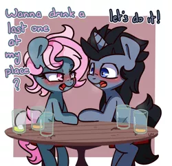 Size: 1296x1250 | Tagged: safe, artist:lou, derpibooru import, oc, oc:juicy dream, pony, unicorn, blushing, commission, dialogue, image, png, table