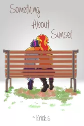 Size: 2400x3600 | Tagged: safe, artist:applejackofalltrades, derpibooru import, sci-twi, sunset shimmer, twilight sparkle, fanfic, fanfic:something about sunset, bench, fanfic art, fanfic cover, female, from behind, image, jpeg, lesbian, scitwishimmer, shipping, simple background, sunsetsparkle, text, white background