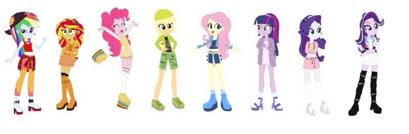 Size: 2302x758 | Tagged: safe, artist:alchieagency101, artist:selenaede, derpibooru import, applejack, fluttershy, pinkie pie, rainbow dash, rarity, starlight glimmer, sunset shimmer, twilight sparkle, twilight sparkle (alicorn), alicorn, human, equestria girls, amaya raine, backwards ballcap, barely eqg related, base used, baseball cap, bella parker, boots, cap, clothes, crossed arms, crossover, dress, ear piercing, earring, hands on hip, hat, high heel boots, high heels, image, jade hunter, jewelry, orange dress, pants, piercing, png, poppy rowan, purple dress, rainbow high, ruby anderson, shoes, skyler bradshaw, sneakers, socks, sunny madison, sweat, violet willow, yellow dress