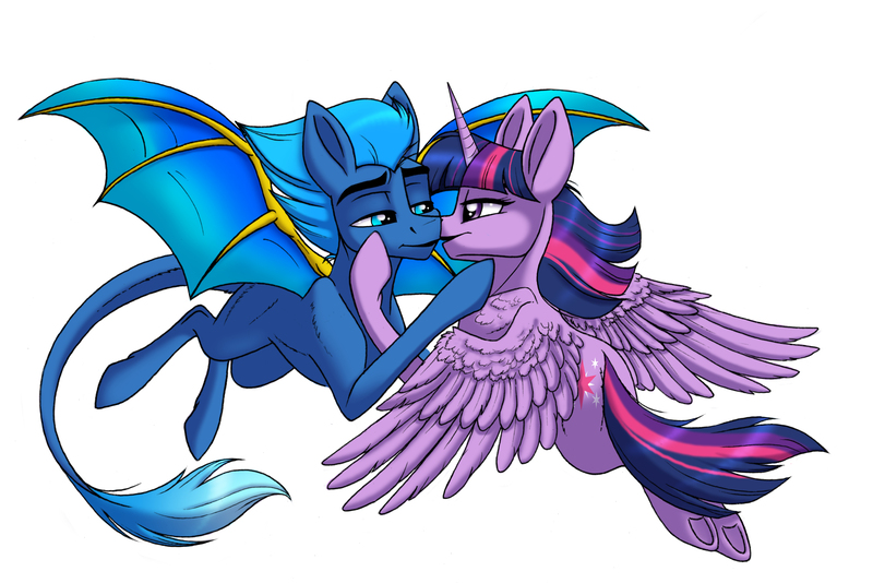 2454334 - safe, artist:celestial-rainstorm, derpibooru import, twilight  sparkle, twilight sparkle (alicorn), oc, oc:blueflame, alicorn, bat pony,  pony, canon x oc, image, jpeg, kissing, simple background, white background  - Twibooru