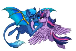 Size: 7593x5064 | Tagged: safe, artist:celestial-rainstorm, derpibooru import, twilight sparkle, twilight sparkle (alicorn), oc, oc:blueflame, alicorn, bat pony, pony, canon x oc, image, jpeg, kissing, simple background, white background