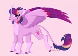 Size: 2409x1748 | Tagged: safe, artist:nyota71, derpibooru import, twilight sparkle, twilight sparkle (alicorn), alicorn, pony, alternate design, alternate hairstyle, belly fluff, chest fluff, cloven hooves, colored ears, colored eartips, colored hooves, colored wings, curved horn, ethereal mane, female, hair bun, horn, image, leonine tail, looking at you, mare, markings, multicolored wings, png, redesign, smiling, solo, starry wings, unshorn fetlocks, wings
