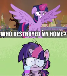Size: 1280x1440 | Tagged: safe, derpibooru import, edit, edited screencap, screencap, twilight sparkle, twilight sparkle (alicorn), alicorn, pony, my little pony: pony life, potion mystery, twilight's kingdom, spoiler:pony life s01e13, angry, exploitable meme, explosion, female, generational ponidox, glowing horn, goggles, golden oaks library, horn, image, library, mare, meme, obligatory pony, png, potion, self ponidox, spread wings, who destroyed twilight's home, wings
