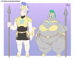 Size: 1260x997 | Tagged: suggestive, artist:nekocrispy, derpibooru import, oc, oc:heavy defense, oc:valiant, unofficial characters only, anthro, unguligrade anthro, armor, bbw, big breasts, blushing, breasts, commission, duo, fat, fat fetish, female, fetish, helmet, image, male, obese, png, royal guard, spear, ssbbw, standing, unconvincing armor, weapon