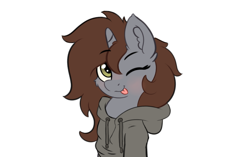 Size: 2549x1621 | Tagged: safe, artist:yelowcrom, derpibooru import, oc, oc:arjin, unofficial characters only, pony, unicorn, blushing, bust, cheek fluff, clothes, cute, ear fluff, hoodie, image, one eye closed, png, simple background, tongue out, wink