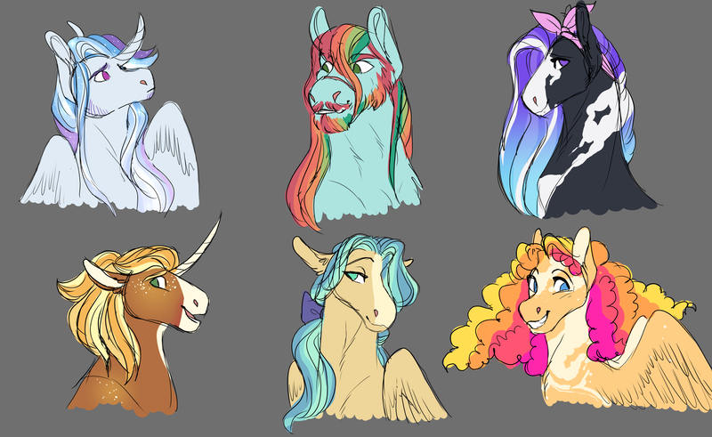 Size: 4514x2772 | Tagged: safe, artist:felinenostalgic, derpibooru import, oc, oc:buck wild, oc:celeste, oc:citrus cirrus, oc:seaside getaway, oc:smooth cider, oc:sonder soliloquy, unofficial characters only, alicorn, earth pony, pegasus, pony, unicorn, beard, bust, facial hair, female, freckles, gray background, image, male, mare, multicolored hair, next generation, offspring, parent:applejack, parent:big macintosh, parent:dumbbell, parent:fluttershy, parent:pinkie pie, parent:prince blueblood, parent:rainbow dash, parent:rarity, parent:soarin', parent:sunburst, parent:trouble shoes, parent:twilight sparkle, parents:appleburst, parents:blueshy, parents:dumbpie, parents:rainbowmac, parents:rarishoes, parents:soarlight, png, rainbow hair, simple background, stallion