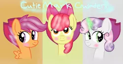 Size: 997x522 | Tagged: safe, artist:princessdaisyofficialchannel, derpibooru import, apple bloom, scootaloo, sweetie belle, earth pony, pony, adorabloom, apple bloom's bow, aura, best friends, blushing, bow, cute, cutealoo, cutie mark, cutie mark crusaders, diasweetes, female, filly, friends, hair bow, image, magic, png, signature, trio, trio female, wallpaper