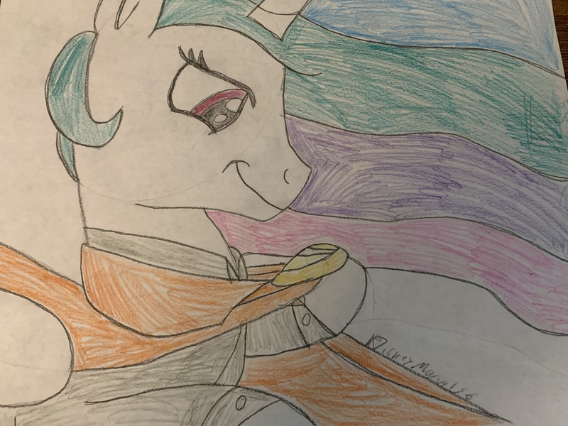 Size: 4032x3024 | Tagged: safe, artist:disneymarvel96, derpibooru import, princess celestia, alicorn, brooch, cape, clasp, clothes, drawing, female, holding, image, jewelry, jpeg, looking down, shirt, solo