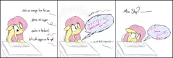 Size: 8959x3000 | Tagged: safe, artist:pinkberry, derpibooru import, fluttershy, pegasus, pony, book, classroom, desk, emanata, embarrassed, high school, image, japanese, k-on, moon runes, offscreen character, otakushy, png, ringtone, song reference, sweat, sweatdrops, teenager, weeaboo