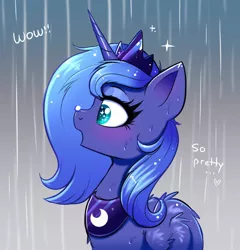Size: 1952x2036 | Tagged: safe, artist:confetticakez, derpibooru import, princess luna, alicorn, pony, blushing, bust, crown, cute, dialogue, female, filly, image, jewelry, jpeg, lunabetes, mare, open mouth, ponies balancing stuff on their nose, portrait, profile, rain, rain drops, regalia, s1 luna, solo, wet, woona, younger