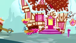 Size: 1280x720 | Tagged: safe, derpibooru import, screencap, the ticket master, background, cart, chariot, image, no pony, png, ponyville, scenic ponyville, sugarcube corner