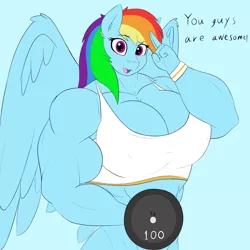 Size: 2000x2000 | Tagged: suggestive, artist:astrum, derpibooru import, rainbow dash, anthro, pegasus, abs, amazon, biceps, big breasts, breasts, busty rainbow dash, cleavage, clothes, deltoids, dialogue, digital art, female, flexing, image, lifting, looking at you, muscles, muscular female, pecs, png, rainbuff dash, salute, simple background, smiling, solo, sports bra, talking, talking to viewer, triceps, weight, weight lifting, workout, workout outfit, wristband