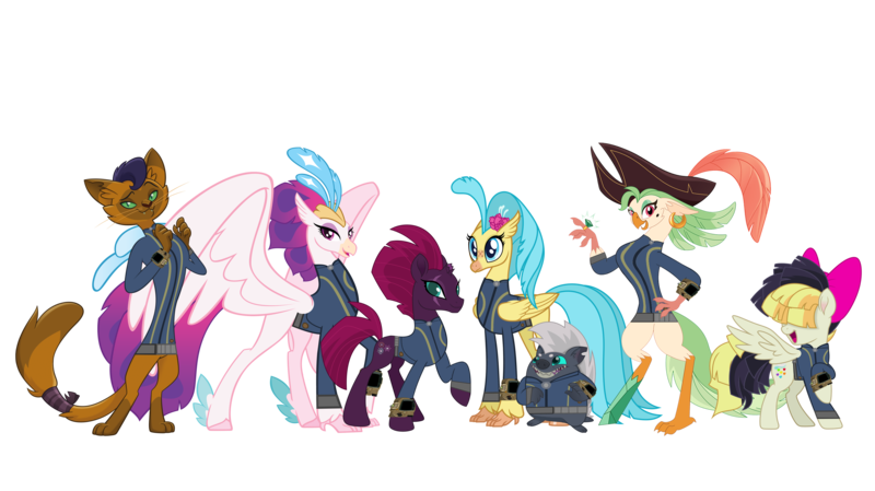 Size: 5360x3008 | Tagged: safe, artist:andoanimalia, artist:dashiesparkle, artist:kol98, artist:ponygamer2020, artist:tentapone, artist:walrusinc, derpibooru import, capper dapperpaws, captain celaeno, fizzlepop berrytwist, grubber, princess skystar, queen novo, songbird serenade, tempest shadow, abyssinian, anthro, bird, cat, classical hippogriff, hedgehog, hippogriff, parrot, parrot pirates, pegasus, pony, unicorn, fallout equestria, my little pony: the movie, absurd resolution, amputee, beautiful, bow, broken horn, clothes, coat, crown, cute, cutie mark, eye scar, fallout, female, group, grubberbetes, hair bow, hat, high res, horn, image, jewelry, jumpsuit, lidded eyes, looking at you, majestic, male, mare, movie accurate, necklace, one hoof raised, peg leg, pipboy, pirate, pirate hat, png, pretty pretty tempest, prosthetic leg, prosthetic limb, prosthetics, raised eyebrow, raised hoof, regalia, ring, scar, show accurate, sia (singer), simple background, smiling, smiling at you, tail, teeth, tempestbetes, transparent background, vault suit, vector, wings