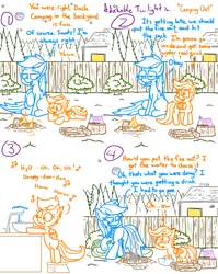 Size: 4779x6013 | Tagged: safe, artist:adorkabletwilightandfriends, derpibooru import, rainbow dash, scootaloo, pegasus, pony, comic:adorkable twilight and friends, adorkable, adorkable friends, amputee, backyard, butt, camp, campfire, camping, chocolate bar, comic, cute, dork, female, fence, filly, fire, food, friendship, grass, gross, hanging out, house, image, lawn, light, mare, marshmallow, moon, night, peeing out fire, plot, png, safety, sleeping bag, slice of life, stars, stump, toilet humor, water, wood, yard