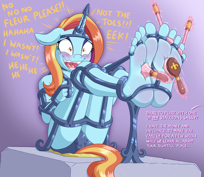 Size: 1180x1024 | Tagged: questionable, artist:caroo, derpibooru import, sassy saddles, anthro, plantigrade anthro, unicorn, begging, bondage, brush, cage, colored, crying, dialogue, feet, female, fetish, floppy ears, foot fetish, foot focus, gibbet, horn, horn cap, image, immobile, implied fleur-de-lis, laughing, levitation, magic, magic suppression, open mouth, png, solo, solo female, sweat, tears of laughter, telekinesis, tickle fetish, tickle torture, tickling, toe flossing, toe tied, toes, wide eyes