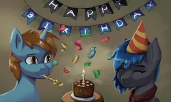 Size: 1280x768 | Tagged: safe, artist:monx94, derpibooru import, oc, oc:heavenly monk, oc:overhaul, pegasus, unicorn, birthday, cake, candle, congratulations, cute, food, friendship, halfbody, happy, image, jpeg, present, solo