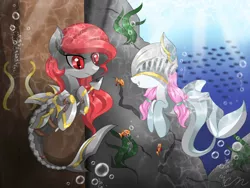 Size: 2048x1536 | Tagged: safe, artist:chaosphantom444, derpibooru import, oc, unofficial characters only, fish, seapony (g4), armor, bubble, crepuscular rays, fish tail, image, jpeg, looking at each other, ocean, red eyes, seaweed, signature, smiling, spear, sunlight, tail, underwater, water, weapon