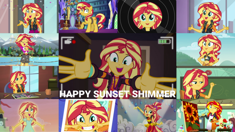 Size: 1280x720 | Tagged: safe, derpibooru import, edit, edited screencap, editor:quoterific, screencap, sunset shimmer, pony, unicorn, a fine line, dance magic, eqg summertime shorts, equestria girls, equestria girls series, friendship through the ages, how to backstage, legend of everfree, mirror magic, my past is not today, rollercoaster of friendship, so much more to me, super squad goals, the art of friendship, the finals countdown, unsolved selfie mysteries, spoiler:eqg series (season 2), spoiler:eqg specials, apron, belly button, camera shot, chalkboard, clothes, cute, cutie mark, cutie mark on clothes, eyes closed, female, geode of empathy, grin, image, jacket, jewelry, leather, leather jacket, looking at you, magical geodes, mare, midriff, necklace, one eye closed, open mouth, png, shimmerbetes, smiling, twilight's castle, wink