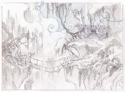 Size: 1078x796 | Tagged: safe, artist:davedunnet, derpibooru import, bridge, castle of the royal pony sisters, concept art, image, jpeg, monochrome, moon, official art, old castle ruins, pencil drawing, ruins, sketch, traditional art