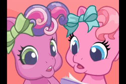 Size: 600x400 | Tagged: safe, derpibooru import, screencap, cheerilee (g3), pinkie pie (g3), earth pony, pony, animated, baby, baby pony, duo, duo female, female, filly, foal, g3.5, gif, image, newborn cuties, once upon a my little pony time, so many different ways to play