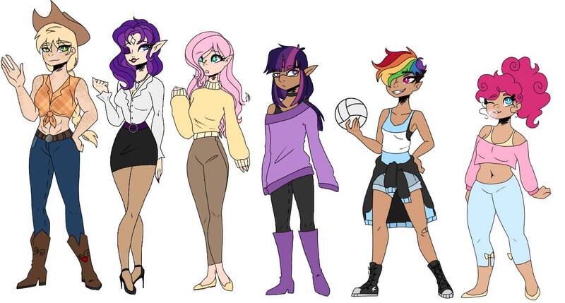 Size: 1342x720 | Tagged: safe, artist:nia1x, derpibooru import, applejack, fluttershy, pinkie pie, rainbow dash, rarity, twilight sparkle, human, abs, alternate hairstyle, applejack's hat, armpits, ball, bandaid, belt, boots, bra, bra strap, bubblegum, choker, clothes, converse, cowboy boots, cowboy hat, elf ears, eyeshadow, female, flannel, flats, food, freckles, glasses, grin, gum, hat, high heel boots, high heels, humanized, image, jeans, jewelry, jpeg, leggings, lipstick, makeup, mane six, midriff, necklace, nylon, one eye closed, pants, shirt, shoes, shorts, short shirt, simple background, size difference, skirt, smiling, socks, stockings, sweater, sweatershy, tanktop, thigh highs, underwear, white background, wink