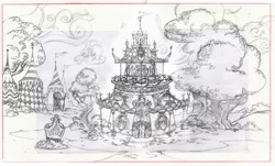 Size: 1600x968 | Tagged: safe, artist:davedunnet, derpibooru import, carousel boutique, concept art, image, jpeg, monochrome, official art, pencil drawing, sketch, traditional art