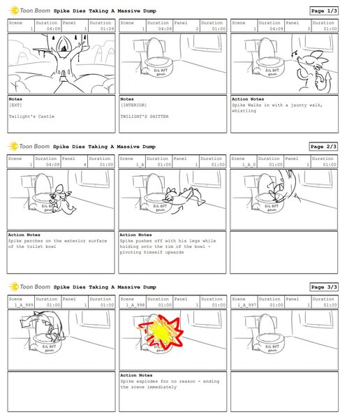 Size: 1018x1253 | Tagged: safe, artist:tjpones, derpibooru import, spike, dragon, pony, explosion, female, image, jpeg, mare, spontaneous combustion, storyboard, toilet, twilight's castle