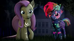 Size: 2048x1152 | Tagged: safe, artist:skytails, derpibooru import, fluttershy, rainbow dash, pegasus, pony, 3d, alternate timeline, apocalypse dash, bodypaint, crystal war timeline, duo, female, image, jpeg, looking at you, mare