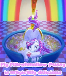 Size: 1202x1394 | Tagged: suggestive, artist:tiffortat, ponified, pony, unicorn, cereal, face down ass up, female, food, image, looking at you, lucky charms, mare, milk, png, rainbow, smiling, spoon, text