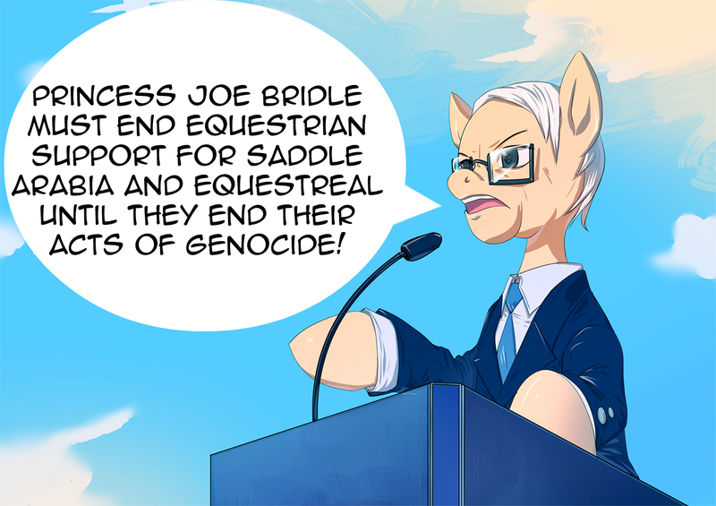 Size: 1400x988 | Tagged: safe, artist:bakki, derpibooru import, ponified, pony, bernie sanders, image, israel, joe biden, lectern, palestine, png, politics, saddle arabia, speech bubble, yemen