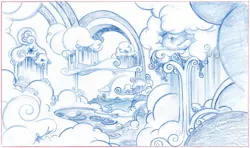 Size: 1979x1170 | Tagged: safe, artist:davedunnet, derpibooru import, cloudsdale, concept art, image, jpeg, monochrome, official art, pencil drawing, sketch, traditional art