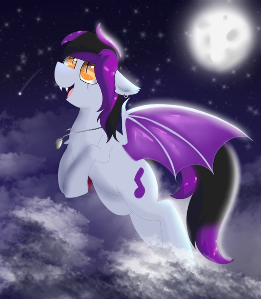 Size: 1337x1535 | Tagged: safe, artist:dicemarensfw, derpibooru import, oc, oc:tune chaser, bat pony, pony, adorable face, beautiful, cloud, commission, cute, digital, dog tags, ear piercing, earring, fangs, flying, image, jewelry, jpeg, moon, moonlight, night, photo, piercing, raffle, raffle winner, scar, shading, shooting star, solo, spread wings, stars, wings