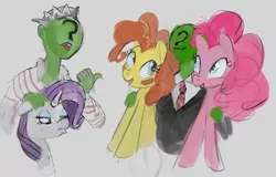 Size: 1394x891 | Tagged: safe, artist:tiffortat, pinkie pie, rarity, oc, oc:anon, earth pony, human, pony, unicorn, bootleg, bootleg pony, clothes, female, image, mare, meme, parody, png, recolor, sad, sketch, smiling, suit