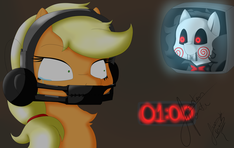 Size: 3600x2280 | Tagged: semi-grimdark, artist:jimmy draws, derpibooru import, applejack, earth pony, crying, image, male, png, reverse bear trap, sad, saw, scared, trap