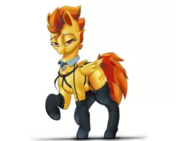 Size: 3000x2400 | Tagged: safe, artist:imadeus, derpibooru import, spitfire, pegasus, pony, bedroom eyes, clothes, collar, female, high res, hoof boots, image, jpeg, legwear, looking at you, mare, sexy, simple background, socks, solo, stockings, stupid sexy spitfire, sultry gaze, thigh highs, white background