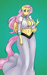 Size: 753x1200 | Tagged: safe, artist:cabrony, artist:pia-sama, derpibooru import, fluttershy, anthro, pegasus, plantigrade anthro, belly button, big breasts, bleach (manga), blushing, breasts, busty fluttershy, clothes, cosplay, costume, crossover, digital art, female, green background, image, inoue orihime, looking at you, midriff, orihime inoue, png, simple background, solo