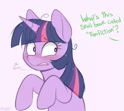 Size: 987x887 | Tagged: safe, artist:higgly-chan, derpibooru import, twilight sparkle, pony, unicorn, fanfic, blushing, dialogue, embarrassed, image, implied spike, offscreen character, png, solo, unicorn twilight