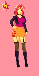 Size: 674x1300 | Tagged: safe, alternate version, artist:脉脉子, derpibooru import, sunset shimmer, equestria girls, boots, choker, clothes, cutie mark, cutie mark on clothes, female, hand on hip, image, jacket, pink background, png, shoes, simple background, skirt, smiling, solo