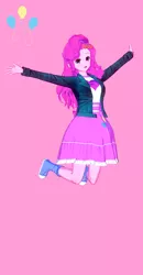 Size: 674x1300 | Tagged: safe, alternate version, artist:脉脉子, derpibooru import, pinkie pie, equestria girls, clothes, cutie mark, cutie mark on clothes, dress, female, image, jacket, jumping, pink background, png, shoes, simple background, smiling, solo