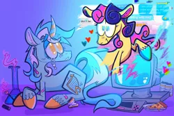 Size: 1800x1200 | Tagged: safe, artist:icky_slicky, derpibooru import, bon bon, lyra heartstrings, sweetie drops, earth pony, pony, unicorn, bandage, bong, crying, drugs, female, image, jpeg, lesbian, long distance relationship, lyrabon, shipping