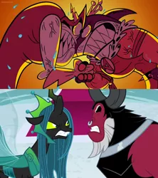 Size: 1920x2160 | Tagged: safe, derpibooru import, edit, edited screencap, screencap, lord tirek, queen chrysalis, centaur, changeling, changeling queen, the ending of the end, angry, bloodshot eyes, comparison, emperor awesome, female, gritted teeth, image, lord hater, png, rage, sharp teeth, teeth, the bad neighbors, ultimate chrysalis, vein, vein bulge, wander over yonder