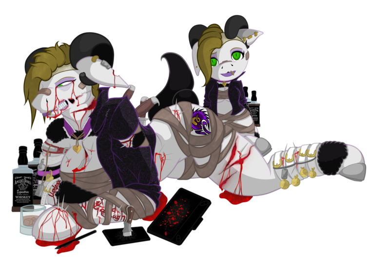 Size: 3400x2300 | Tagged: grimdark, artist:synninide injection, derpibooru import, oc, oc:synninide, anthro, earth pony, pony, sheep, sheep pony, alcohol, bandage, bandaids, blood, chibi, cloven hooves, collar, cut, drawing tablet, horns, image, knife, liquor, needles, open wounds, pierced ears, piercing, png, scar, tablet pen, whiskey bottles, wool