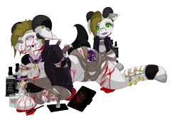 Size: 3400x2300 | Tagged: grimdark, artist:synninide injection, derpibooru import, oc, oc:synninide, anthro, earth pony, pony, sheep, sheep pony, alcohol, bandage, bandaids, blood, chibi, cloven hooves, collar, cut, drawing tablet, horns, image, knife, liquor, needles, open wounds, pierced ears, piercing, png, scar, tablet pen, whiskey bottles, wool