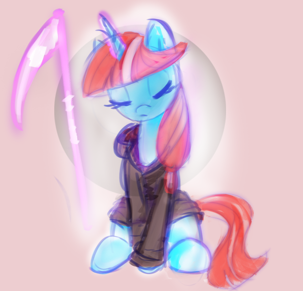 Size: 961x923 | Tagged: safe, artist:tiffortat, oc, oc:deathlight sparkle, unofficial characters only, pony, unicorn, bootleg, bootleg pony, clothes, eyes closed, female, image, magic, mare, png, recolor, robe, scythe, simple background, sitting, solo