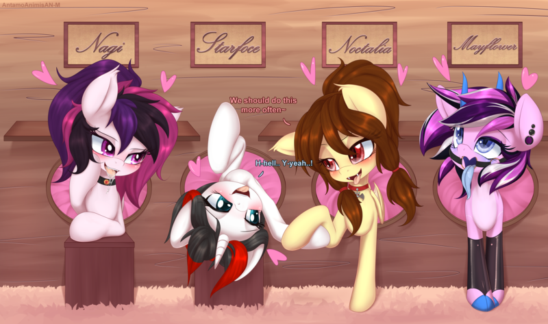 Size: 6769x4000 | Tagged: questionable, artist:an-m, derpibooru import, oc, oc:mayflower, oc:nagi, oc:noctalia, oc:starforce fireline, unofficial characters only, bat pony, pony, unicorn, adorasexy, ahegao, backstage, bat pony oc, bat wings, blushing, clothes, collar, commission, cum, cum in mouth, cute, dialogue, ear piercing, enjoying, exhibitionism, fangs, female, floating heart, friendship, full body glory hole, gag, glory hole, heart, holding hooves, horn, image, latex, latex socks, long tongue, looking at each other, mare, names, open mouth, piercing, png, ponytail, public use, ring gag, sexy, socks, through wall, tongue out, unicorn oc, wings