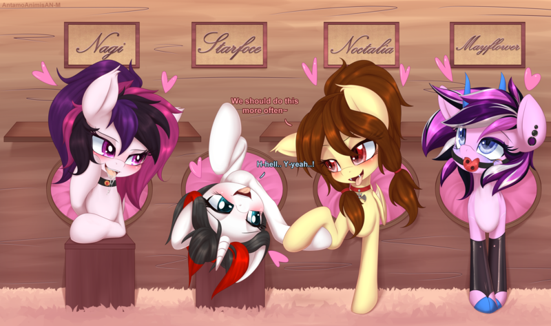 Size: 6769x4000 | Tagged: questionable, alternate version, artist:an-m, derpibooru import, oc, oc:mayflower, oc:nagi, oc:noctalia, oc:starforce fireline, unofficial characters only, bat pony, pony, unicorn, adorasexy, ahegao, backstage, ballgag, bat pony oc, bat wings, blushing, clothes, collar, commission, cum, cum in mouth, cute, dialogue, ear piercing, enjoying, exhibitionism, fangs, female, friendship, full body glory hole, gag, glory hole, holding hooves, horn, image, latex, latex socks, looking at each other, mare, names, open mouth, piercing, png, ponytail, public use, sexy, socks, through wall, tongue out, unicorn oc, wings