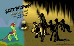 Size: 1600x1000 | Tagged: safe, artist:nayialovecat, derpibooru import, oc, oc:berzie, ponified, changedling, changeling, pony, bendy and the ink machine, birthday cake, cake, food, image, png